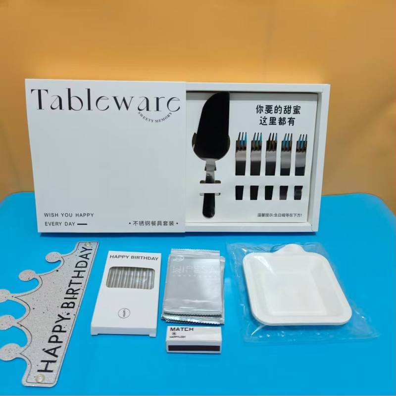 Set noža i vilice za tortu od nehrđajućeg čelika — luksuzni stolni pribor, kvadratni oblik, debljina 3,8, kutija 68 kom, rok trajanja 24 mjeseci