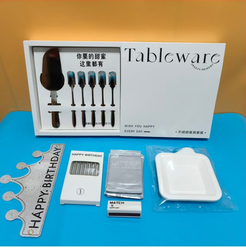 Set noža i vilice za tortu od nehrđajućeg čelika — luksuzni stolni pribor, kvadratni oblik, debljina 3,8, kutija 68 kom, rok trajanja 24 mjeseci