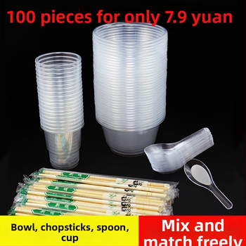 Jednorázová súprava riadu: misa, paličky, lyžička a pohár; plastové; kruhový tvar; 1000 ks/krabica; 100 kusov