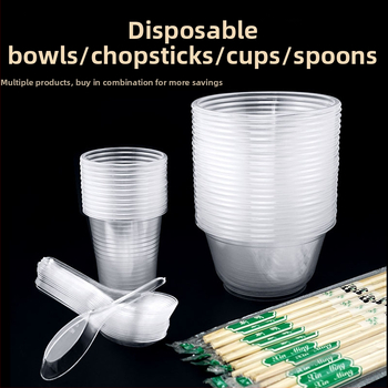 Jednorázová súprava riadu: misa, paličky, lyžička a pohár; plastové; kruhový tvar; 1000 ks/krabica; 100 kusov