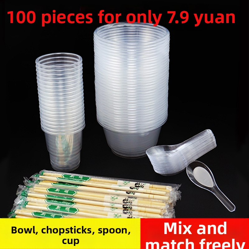 Jednorázová súprava riadu: misa, paličky, lyžička a pohár; plastové; kruhový tvar; 1000 ks/krabica; 100 kusov