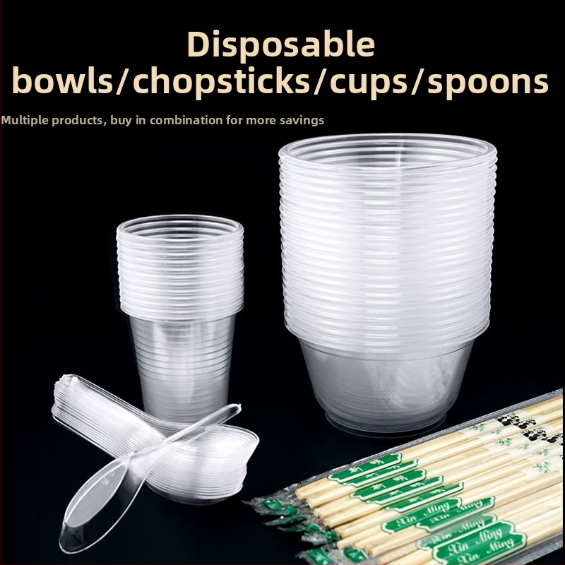 Jednorázová súprava riadu: misa, paličky, lyžička a pohár; plastové; kruhový tvar; 1000 ks/krabica; 100 kusov