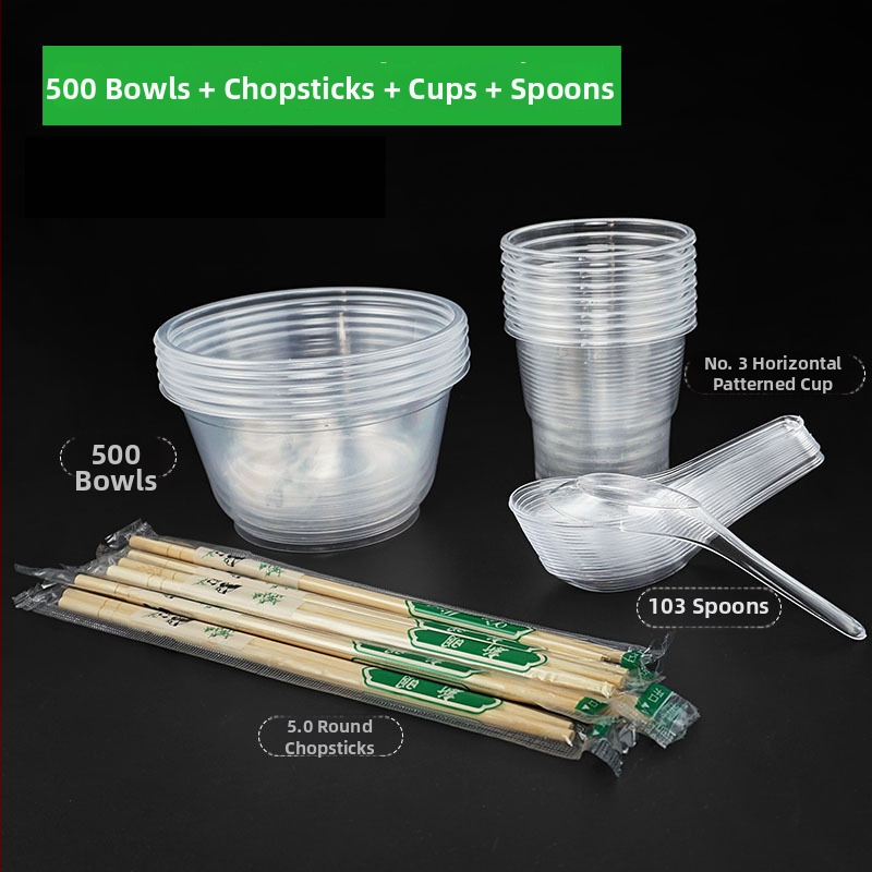 Jednorázová súprava riadu: misa, paličky, lyžička a pohár; plastové; kruhový tvar; 1000 ks/krabica; 100 kusov