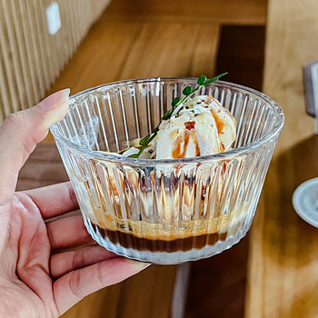 Okrugla staklena zdjela za doručak, za žitarice, sladoled, voćni jogurt i puding; jednobojna, jednostavan stil, elektroplatirani završetak.