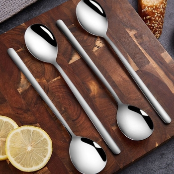 Žlica od nehrđajućeg čelika s dugim držalom – moderni minimalistički dizajn, pogodna za djecu, učenike, trudnice, odrasle i starije osobe; mogućnost prilagodbe.