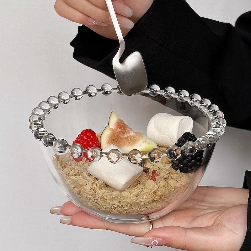 Bol de sticlă cu margine perlată – rotund, stil simplu, calitate premium, potrivit pentru ovăz cu iaurt, înghețată și deserturi