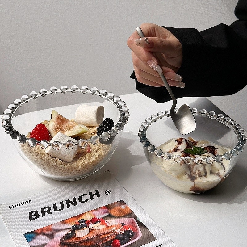 Bol de sticlă cu margine perlată – rotund, stil simplu, calitate premium, potrivit pentru ovăz cu iaurt, înghețată și deserturi