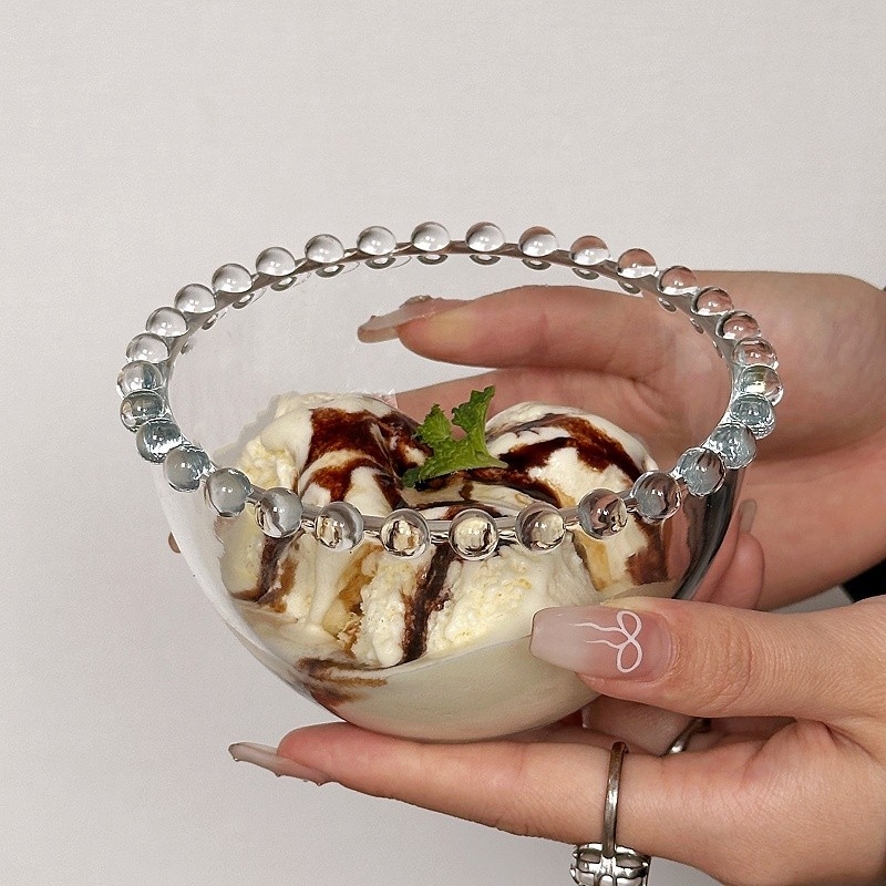 Bol de sticlă cu margine perlată – rotund, stil simplu, calitate premium, potrivit pentru ovăz cu iaurt, înghețată și deserturi