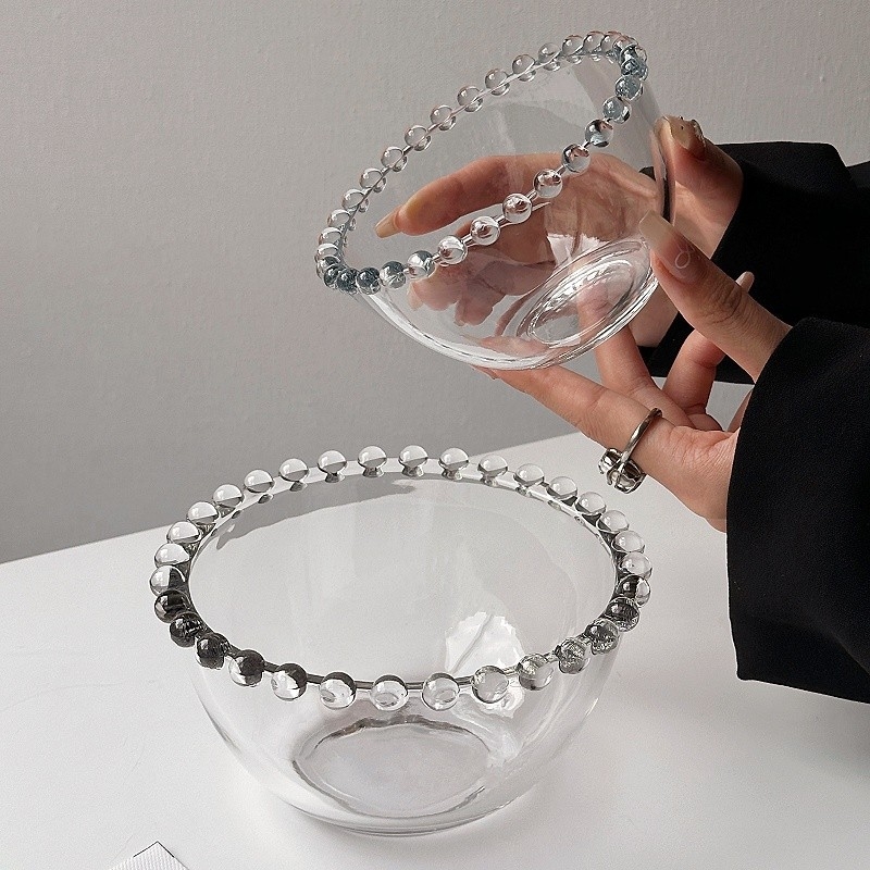 Bol de sticlă cu margine perlată – rotund, stil simplu, calitate premium, potrivit pentru ovăz cu iaurt, înghețată și deserturi