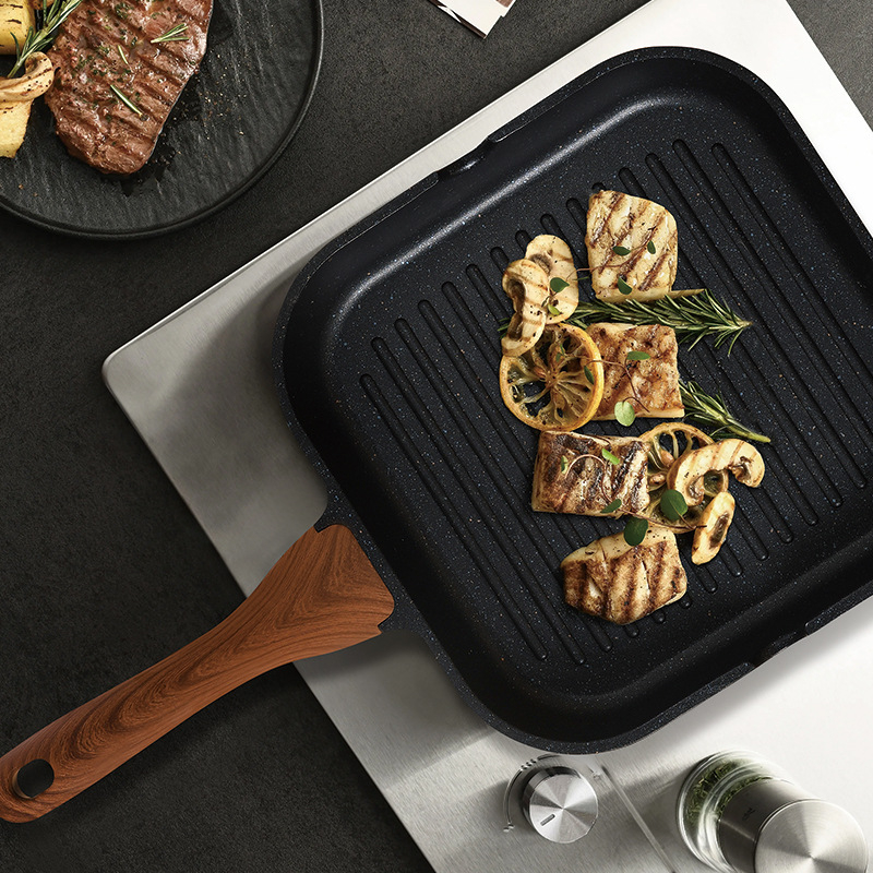 Tava s Maifan kamenom, neprijanjajuća, 24 cm, kompatibilna s indukcijom, višenamjenska tava za steak i roštilj