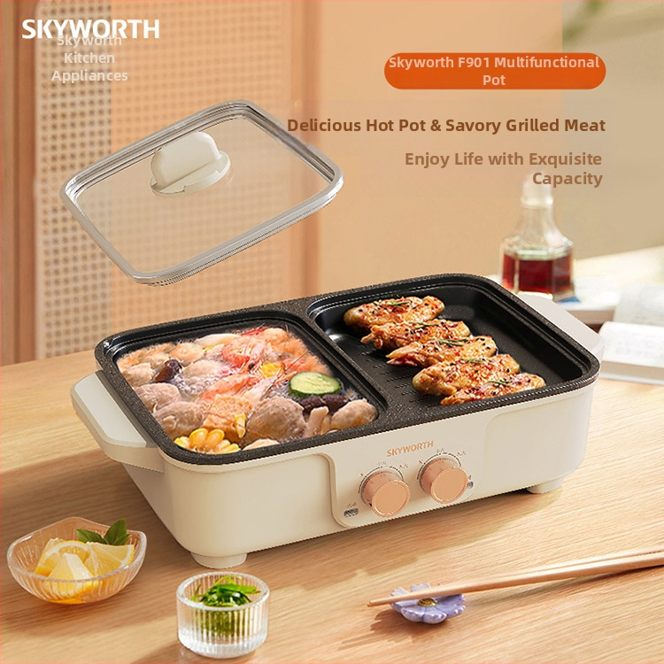 Elektrický hrniec s grilom a shabu-shabu, nezávislá regulácia teploty, výkon 1200–1500W, objem 3–4 L, ovládanie gombom