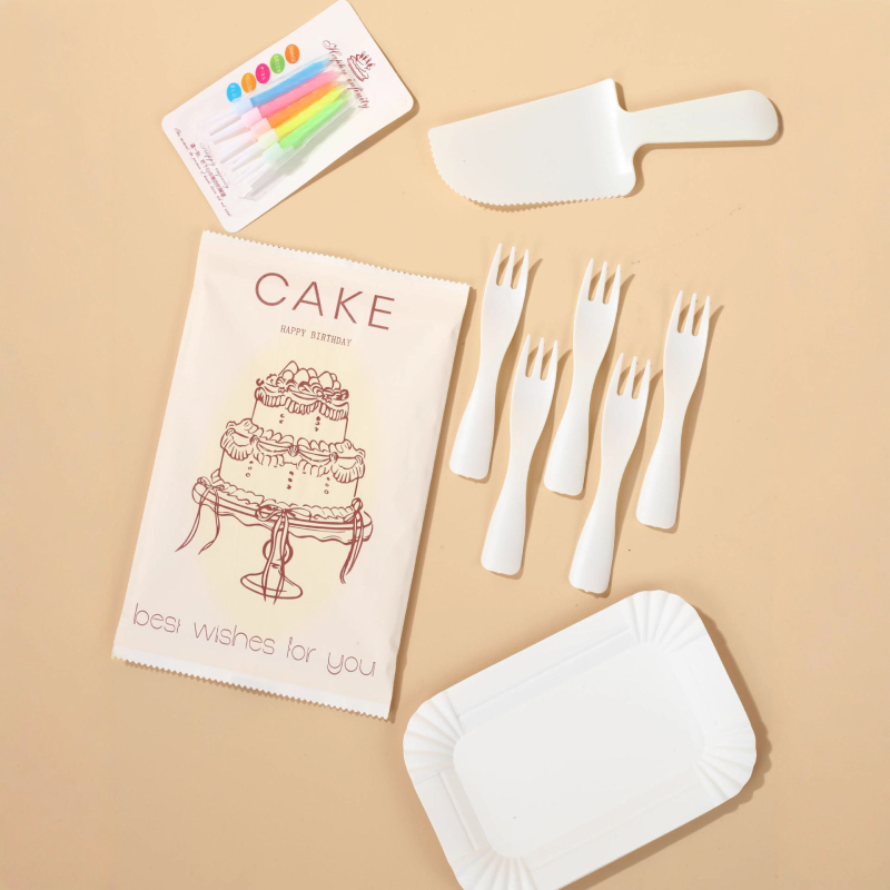 Set tacâmuri de cofetă din hârtie – cuțit, furculiță, lingură pe farfurie dreptunghiulară – stil desen animat, 100 seturi