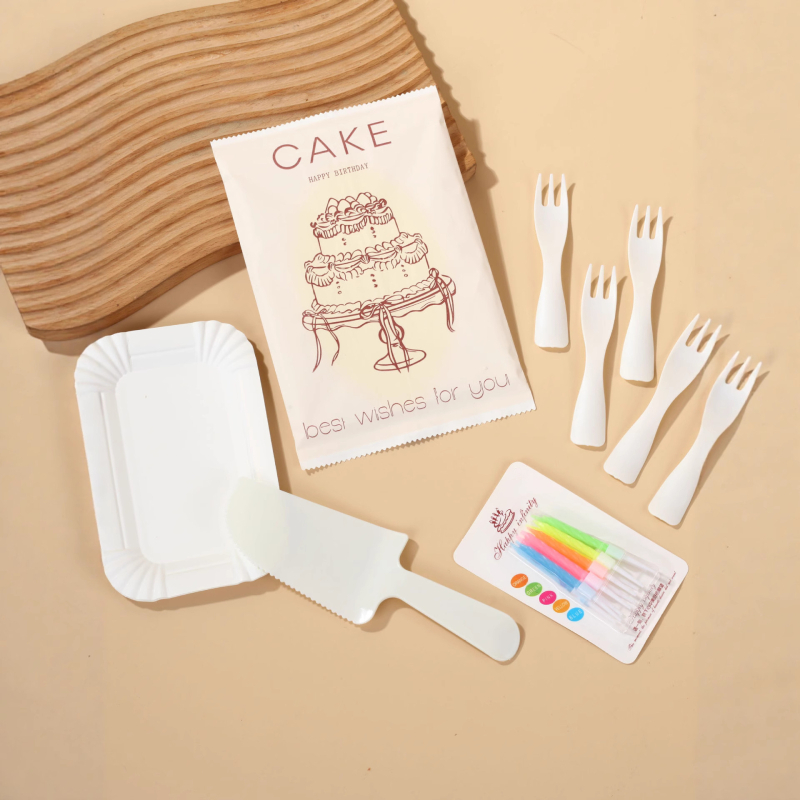 Set tacâmuri de cofetă din hârtie – cuțit, furculiță, lingură pe farfurie dreptunghiulară – stil desen animat, 100 seturi