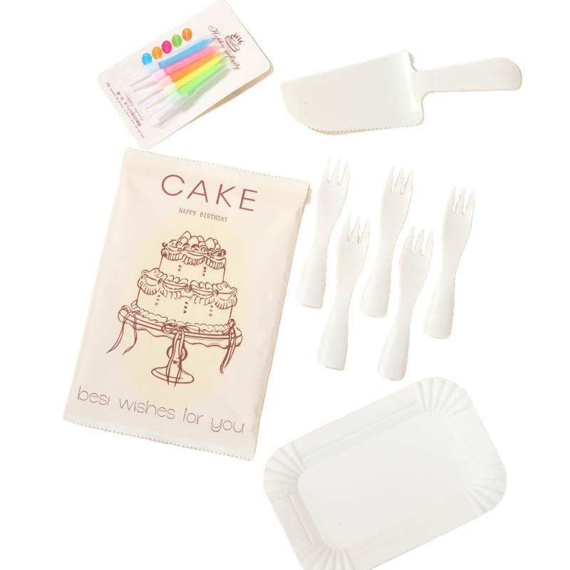 Set tacâmuri de cofetă din hârtie – cuțit, furculiță, lingură pe farfurie dreptunghiulară – stil desen animat, 100 seturi