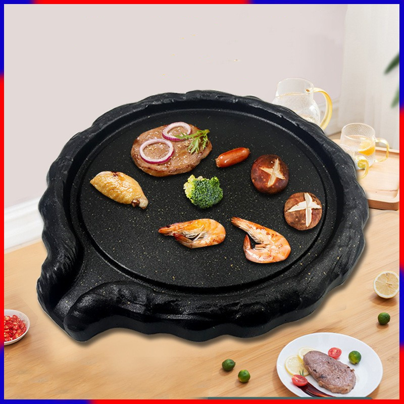 Корейски стил грил пан за открит огън с алуминиево‑сплавно покритие, кръгла форма, нехлъзгаща повърхност (Материал: сплав; Форма: кръгла; Тегло: 1.5 кг)