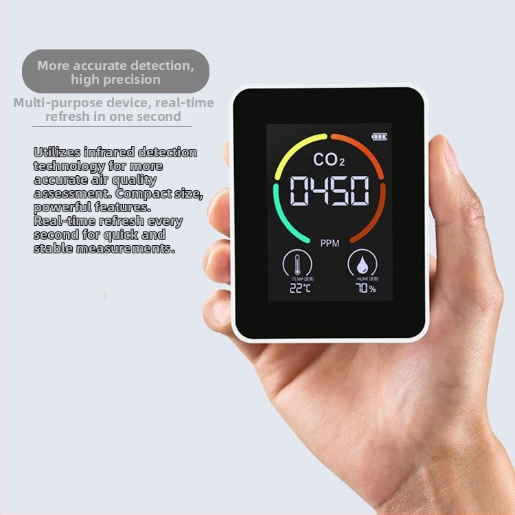Domáci CO2 detektor, 3–v–1 CO2 tester, meria teplotu a vlhkosť, model H8-3, rozsah merania 400–5000 ppm, presnosť ±2%, displej 320×320, napájanie 5V