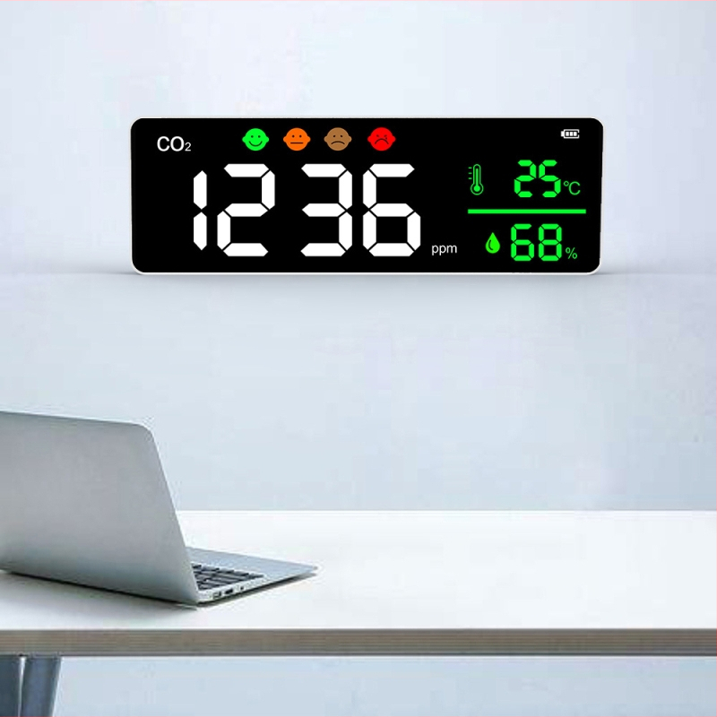 Detector CO2 montat pe perete DM1306 — intervalul 400–5000 ppm, precizie ±5%, tensiune 5V, durată de funcționare 180–240 min