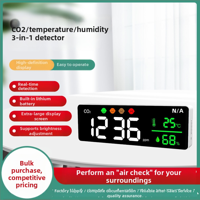 Detector CO2 montat pe perete DM1306 — intervalul 400–5000 ppm, precizie ±5%, tensiune 5V, durată de funcționare 180–240 min