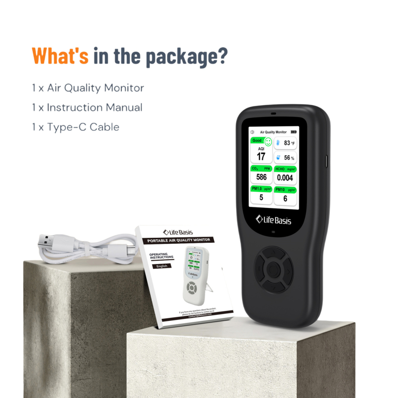 Детектор за качество на въздуха Lifebasis Haq66: CO2 400–5000 ppm, PM2.5/PM1.0/PM10 до 10 μg/m³, температура и влажност, цифров дисплей