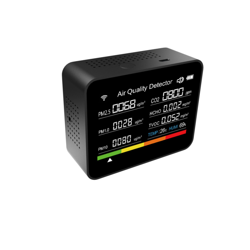 Detector de calitate a aerului 13-în-1 cu aplicația Tuya Smart App și WiFi, CO2 și PM2.5 - CO2 400-6000 ppm; detecție PM2.5; precizie CO2 ±50 ppm; afișaj 300x300