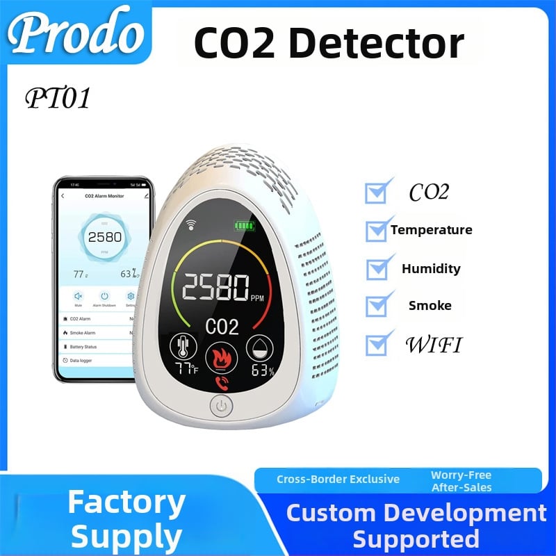 PT01 5-in-1 CO2 ανιχνευτής με συναγερμό καπνού, CO2 400–5000 ppm, ακρίβεια ±5%, διακριτικότητα 1 ppm, 220V