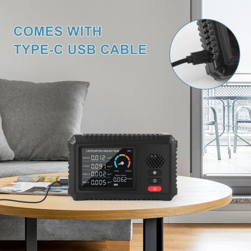 CO2 детектор за качество на въздуха HW600 – детекция PM2.5, TVOC и формалдехид; обхват на измерване 1–1000 PPM, точност 1 PPM, диапазон на потока 1–100, захранване: вградена литиева батерия