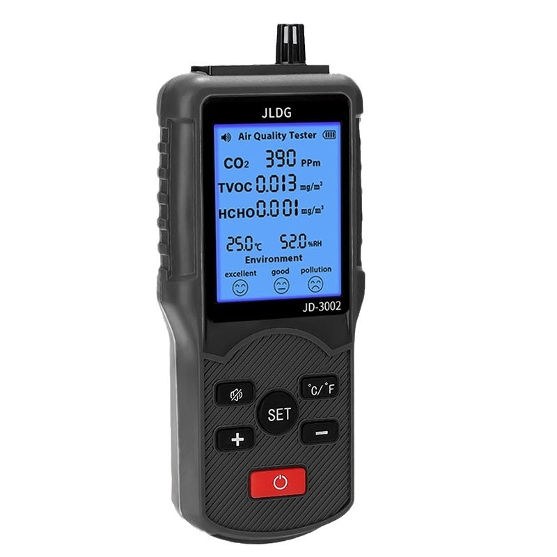 Detector de CO2, formaldehidă și gaze organice cu temperatură și umiditate – șase în unu monitor de calitate a aerului, interval CO2 380–2000 ppm, precizie ±5%, baterie încorporată de 2000 mAh