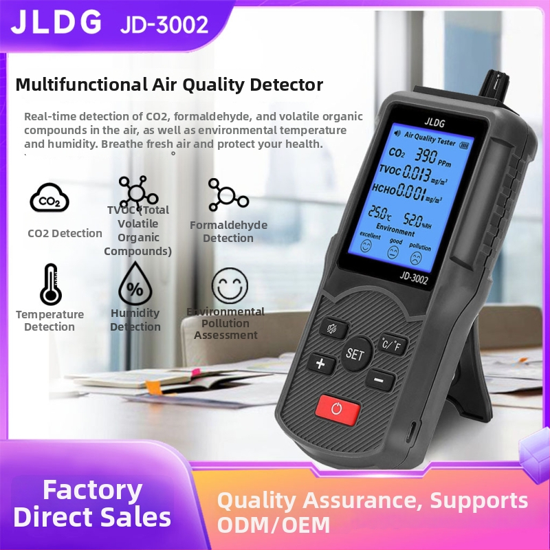 Detector de CO2, formaldehidă și gaze organice cu temperatură și umiditate – șase în unu monitor de calitate a aerului, interval CO2 380–2000 ppm, precizie ±5%, baterie încorporată de 2000 mAh