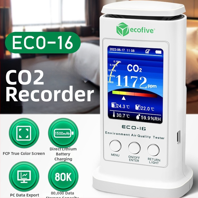 CO2 детектор с регистратор на температура и влажност, модел ECO-16, обхват 20000 ppm, точност 2%, резолюция 1 ppm