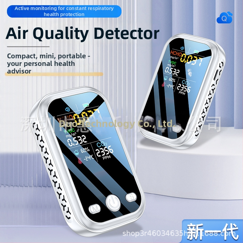 Prenosný CO2 a kvality ovzdušia detektor s formaldehydom a TVOC, CO2 400–5000 ppm, formaldehyd 0–9.999 mg/m³, TVOC 0–9.999 mg/m³, presnosť ±5%, displej 240×250