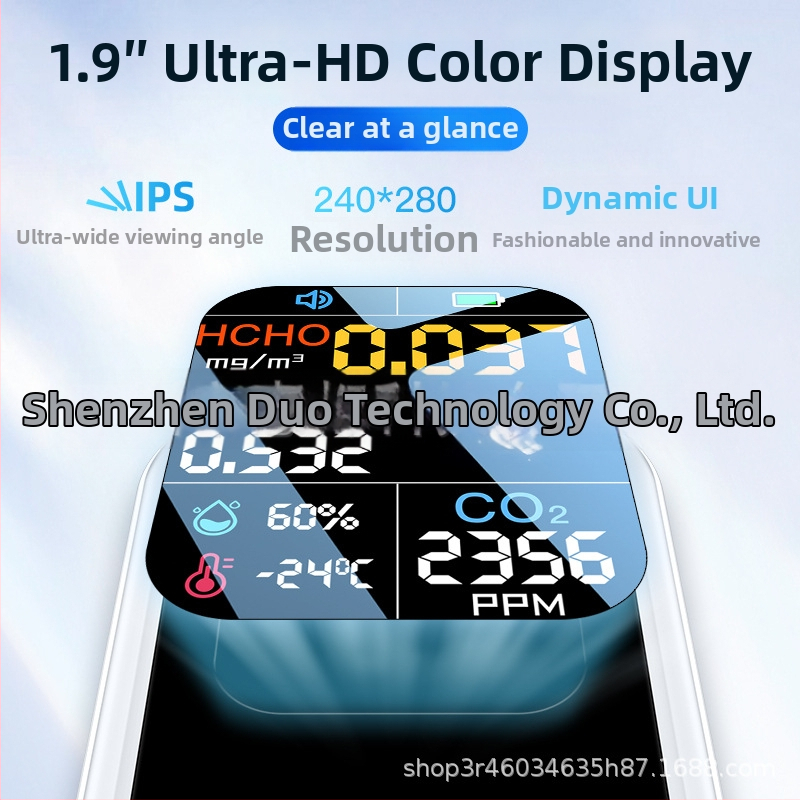 Prenosný CO2 a kvality ovzdušia detektor s formaldehydom a TVOC, CO2 400–5000 ppm, formaldehyd 0–9.999 mg/m³, TVOC 0–9.999 mg/m³, presnosť ±5%, displej 240×250