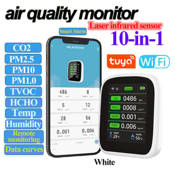 Okos Wi‑Fi levegőminőség‑mérő 10‑in‑1, nagy pontosságú lézeres infravörös érzékelő; CO2 400–5000 ppm; PM2.5/1.0/10 0–1000 μg/m³; méri CO2-t, PM-t, HCHO-t, TVOC-t, hőmérsékletet és páratartalmat