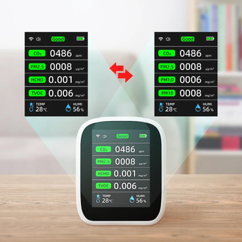 Okos Wi‑Fi levegőminőség‑mérő 10‑in‑1, nagy pontosságú lézeres infravörös érzékelő; CO2 400–5000 ppm; PM2.5/1.0/10 0–1000 μg/m³; méri CO2-t, PM-t, HCHO-t, TVOC-t, hőmérsékletet és páratartalmat