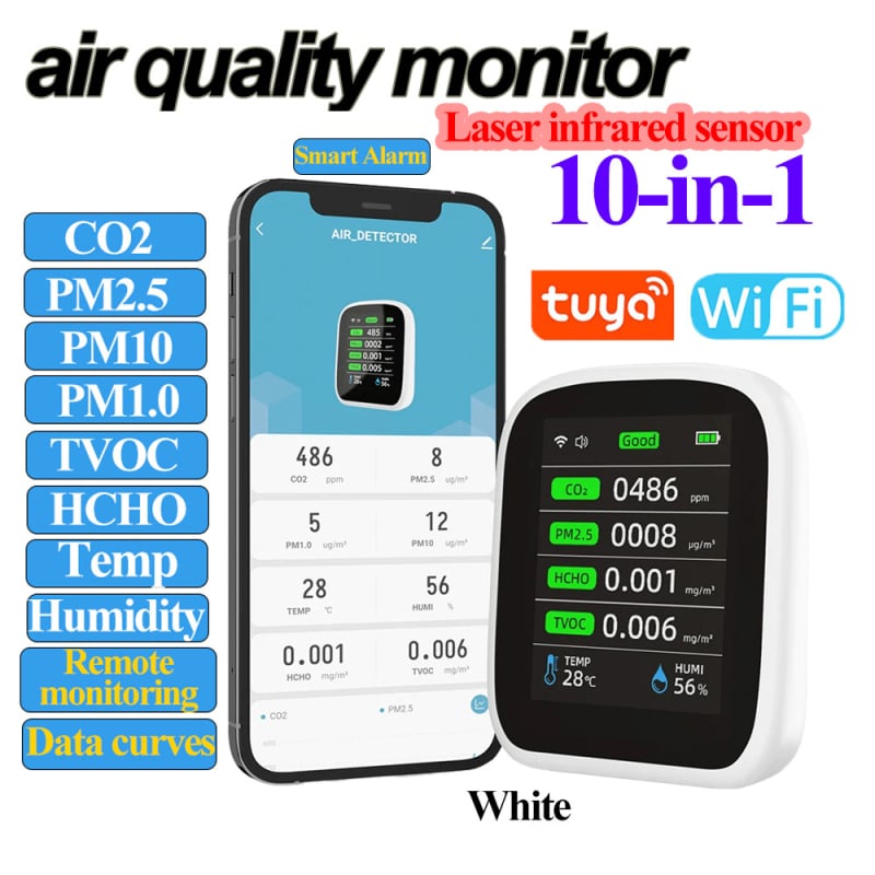 Okos Wi‑Fi levegőminőség‑mérő 10‑in‑1, nagy pontosságú lézeres infravörös érzékelő; CO2 400–5000 ppm; PM2.5/1.0/10 0–1000 μg/m³; méri CO2-t, PM-t, HCHO-t, TVOC-t, hőmérsékletet és páratartalmat