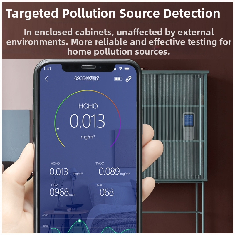 WP6933 Monitor kvality vnútorného vzduchu — formaldehyd 0–1.999 mg/m3, TVOC 0–9.999 mg/m3, CO2 400–2000 ppm (USB napájanie)