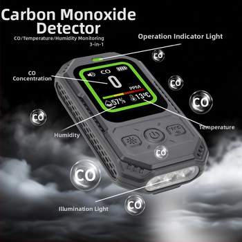 Prenosný detektor oxidu uhoľnatého, 3 v 1: CO, teplota a vlhkosť, magnetické uchytenie, TFT displej s vysokým rozlíšením, rozsah 0–1000 ppm, presnosť 1 ppm, vstavaná 1000 mAh batéria, 3.7V