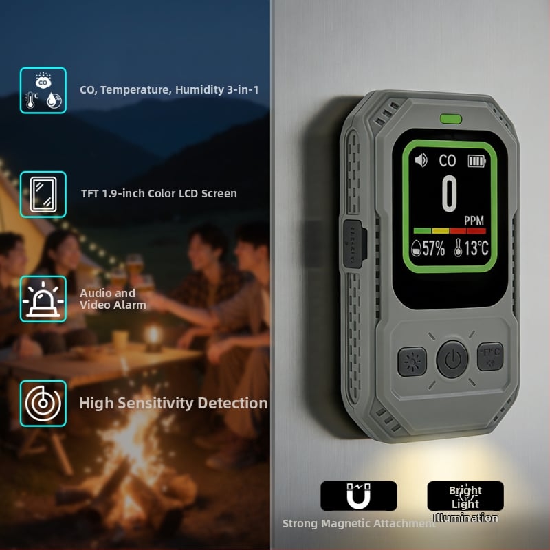 Prenosný detektor oxidu uhoľnatého, 3 v 1: CO, teplota a vlhkosť, magnetické uchytenie, TFT displej s vysokým rozlíšením, rozsah 0–1000 ppm, presnosť 1 ppm, vstavaná 1000 mAh batéria, 3.7V