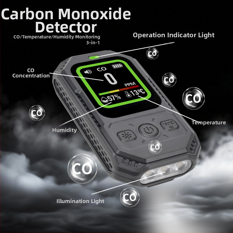 Prenosný detektor oxidu uhoľnatého, 3 v 1: CO, teplota a vlhkosť, magnetické uchytenie, TFT displej s vysokým rozlíšením, rozsah 0–1000 ppm, presnosť 1 ppm, vstavaná 1000 mAh batéria, 3.7V