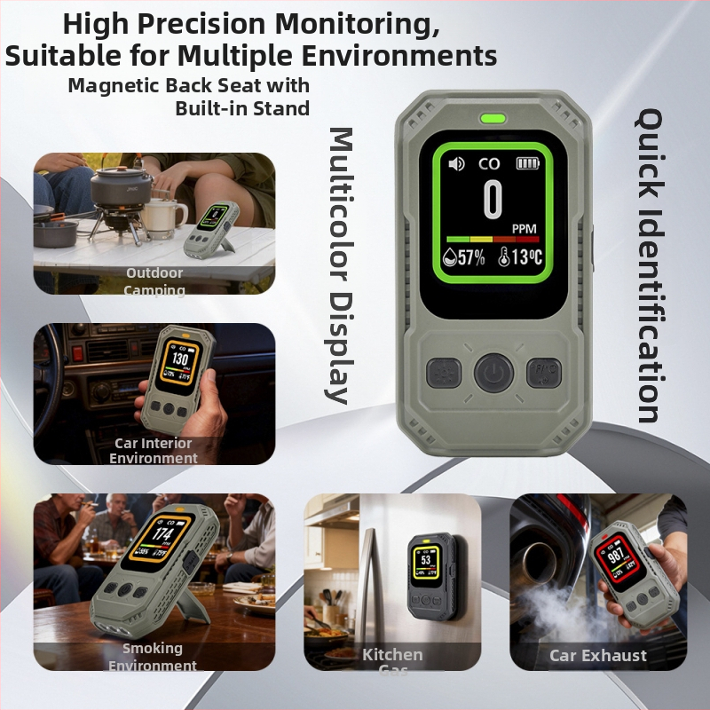 Prenosný detektor oxidu uhoľnatého, 3 v 1: CO, teplota a vlhkosť, magnetické uchytenie, TFT displej s vysokým rozlíšením, rozsah 0–1000 ppm, presnosť 1 ppm, vstavaná 1000 mAh batéria, 3.7V