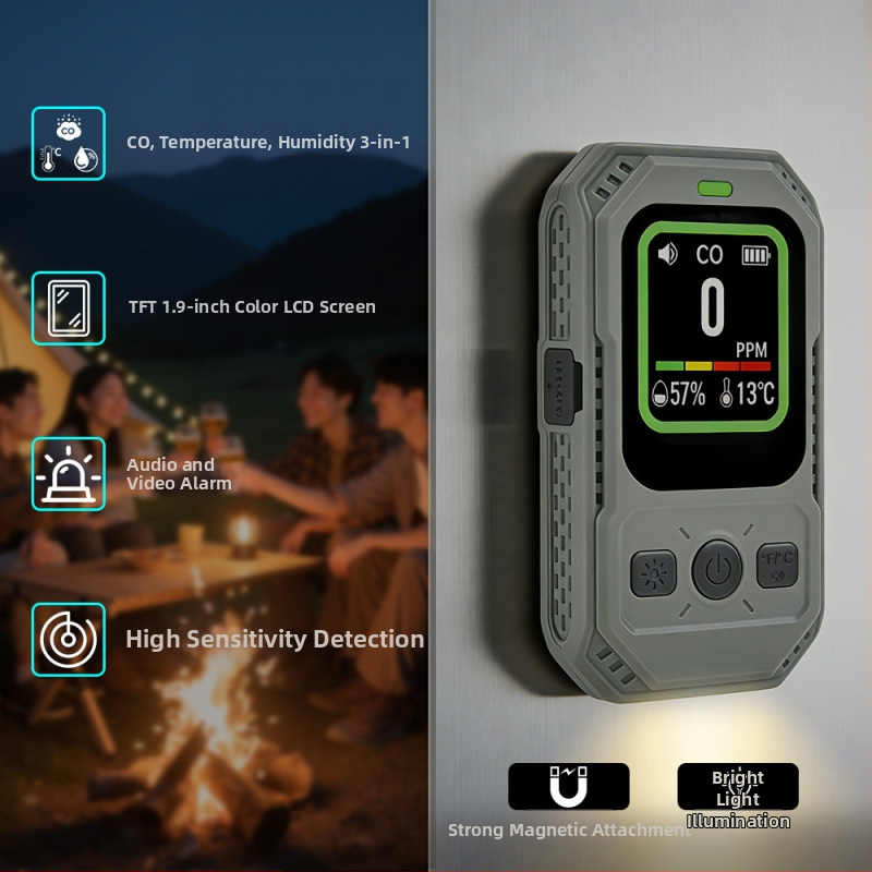 Prenosný detektor oxidu uhoľnatého, 3 v 1: CO, teplota a vlhkosť, magnetické uchytenie, TFT displej s vysokým rozlíšením, rozsah 0–1000 ppm, presnosť 1 ppm, vstavaná 1000 mAh batéria, 3.7V