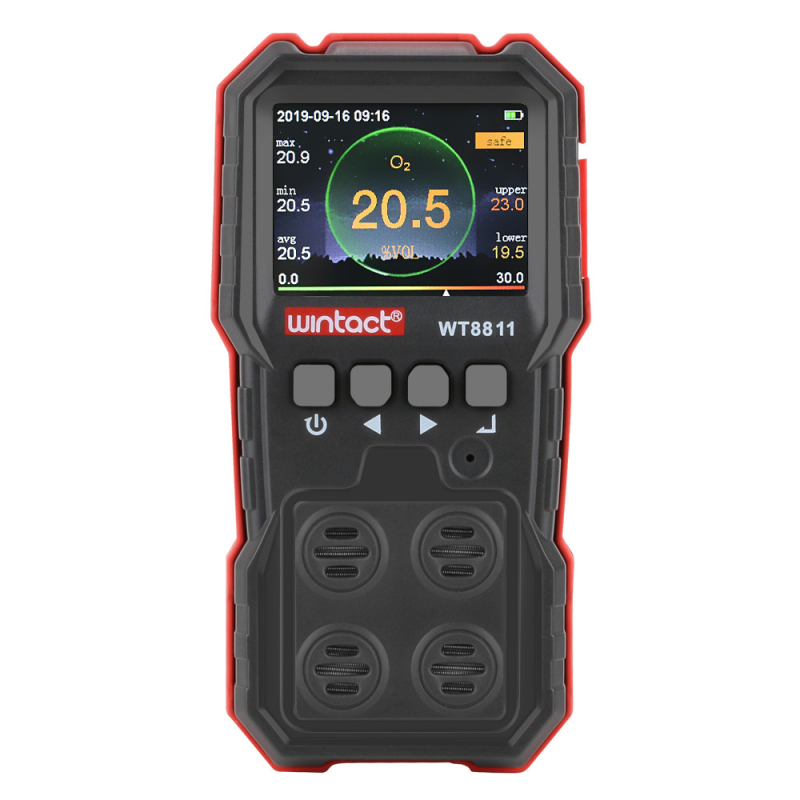 Négy az egyben gázdetektor | WINTACT WT8811/WT8812 | Detektálja a gyúlékony gázokat, CO-t, H2S-t és oxigént | Mérési pontosság ≤±5% FS | Tápellátás: DC 3.7V