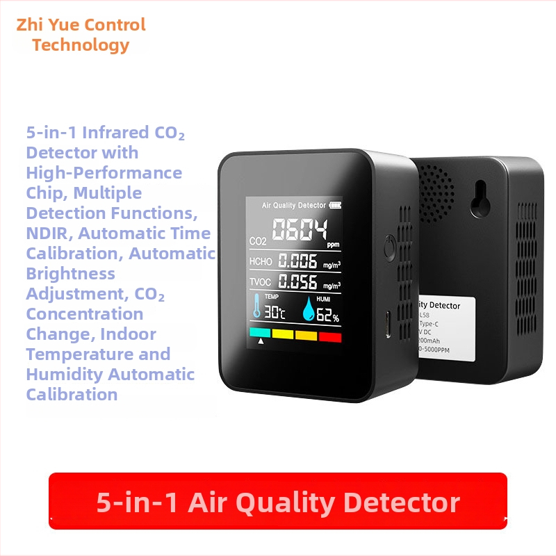 Преносим инфрачервен CO2 детектор с 5-в-1 монитор за качество на въздуха: CO2 400–5000 ppm, формалдехид, TVOC, температура и влажност; модел PG-L58, резолюция 1 ppm.