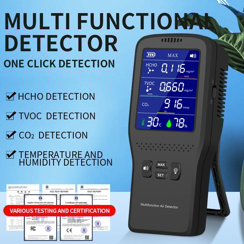 Модел M-131: Преносим инфрачервен детектор за качество на въздуха за CO2 и формалдехид, измерва вътрешна температура и влажност, USB захранване