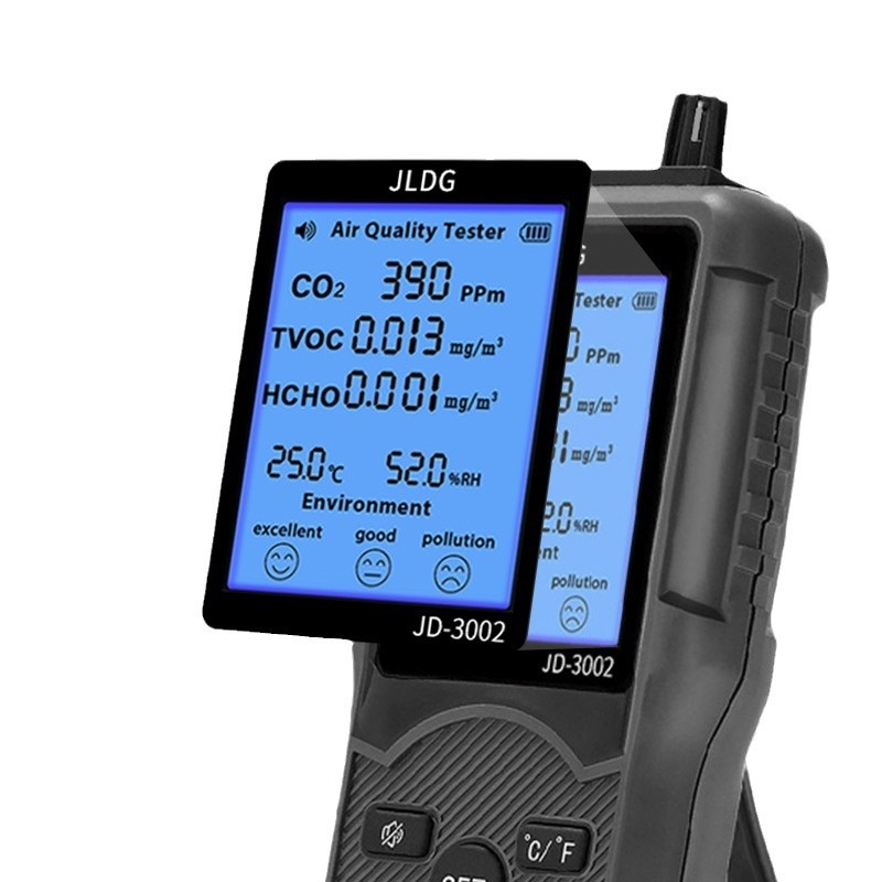 JD-3002 višefunkcijski mjerač kvalitete zraka – raspon CO2 380-2000 ppm; HCHO 0.000-1.000 mg/m3; mjeri CO2, TVOC, HCHO, temperaturu i vlagu; Napajanje: DC5V s ugrađenom baterijom od 2000 mAh, model JD-3002