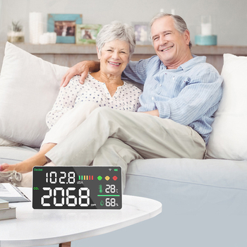 Nástennom CO2 merač s WiFi DM165-WIFI – CO2 400–5000 ppm; meria CO2, hluk, teplotu a vlhkosť; presnosť ±50 ppm; rozlíšenie 0,1 dBA