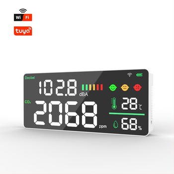 Nástennom CO2 merač s WiFi DM165-WIFI – CO2 400–5000 ppm; meria CO2, hluk, teplotu a vlhkosť; presnosť ±50 ppm; rozlíšenie 0,1 dBA