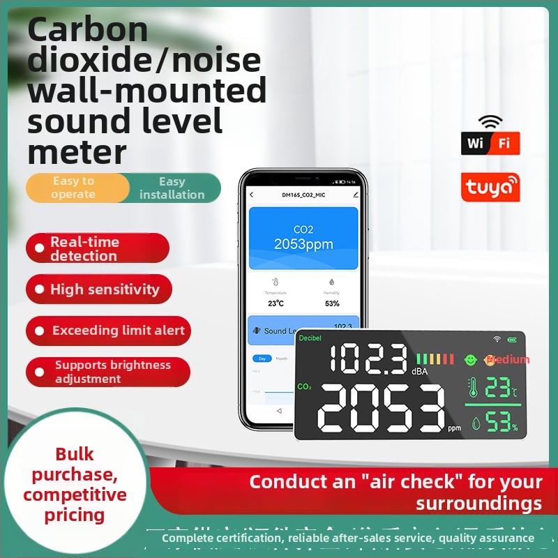 Nástennom CO2 merač s WiFi DM165-WIFI – CO2 400–5000 ppm; meria CO2, hluk, teplotu a vlhkosť; presnosť ±50 ppm; rozlíšenie 0,1 dBA
