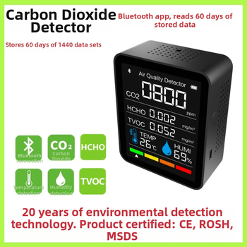 Bluetoothový CO2 detektor s meraním TVOC a formaldehydu, s aplikáciou, 60 dní ukladanie údajov, model 2CO3TB-5-in-1
