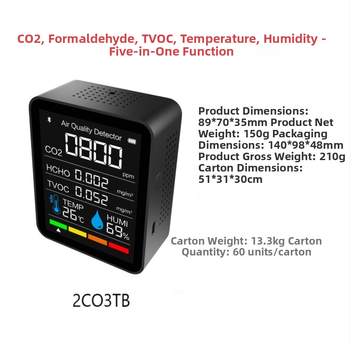 Bluetoothový CO2 detektor s meraním TVOC a formaldehydu, s aplikáciou, 60 dní ukladanie údajov, model 2CO3TB-5-in-1