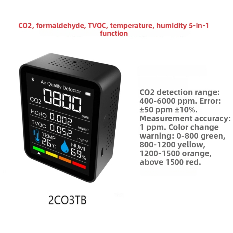 Bluetoothový CO2 detektor s meraním TVOC a formaldehydu, s aplikáciou, 60 dní ukladanie údajov, model 2CO3TB-5-in-1